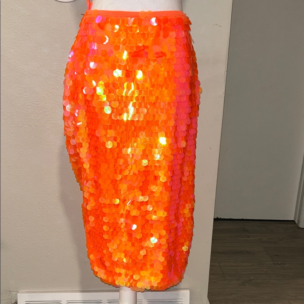 Anthropologie Orange Sequin Pencil Skirt - Picture 5 of 14